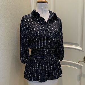 Navy and white satin button front blouse with wide tie waist and wide elastic